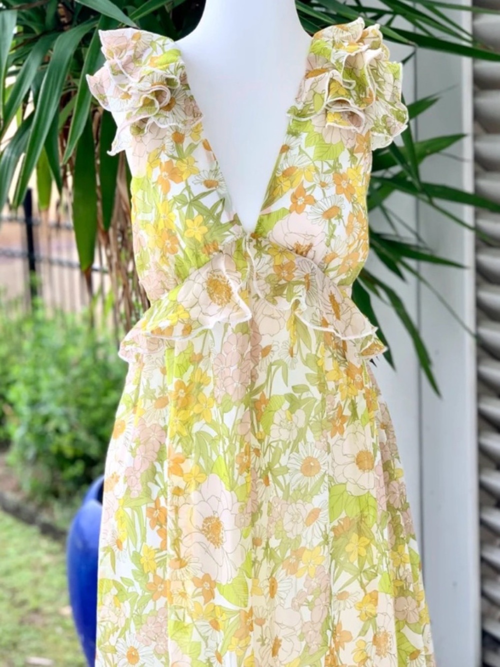 Aakaa White Floral Maxi with Yellow & Green Accents